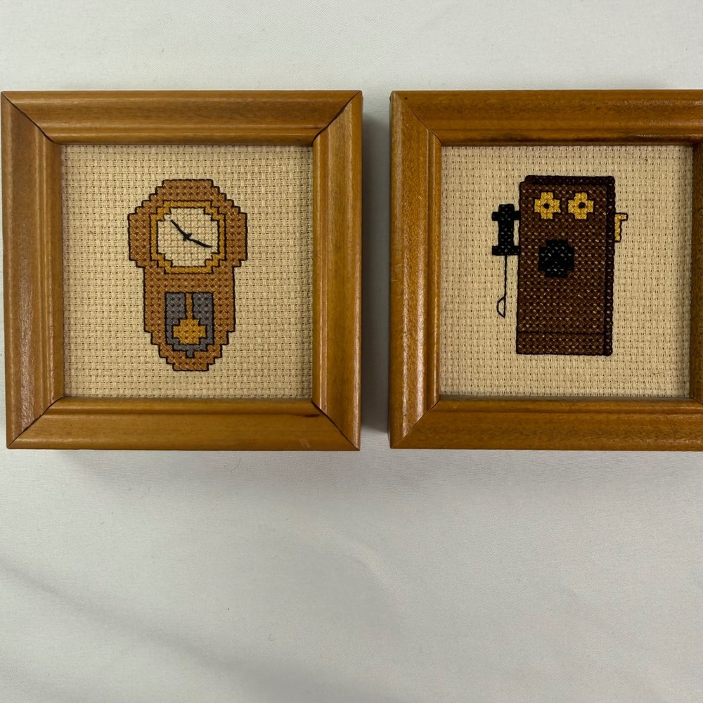 Vintage 1987 Handmade Cross Stitch Mini Framed Art Clock Telephone Set of 2